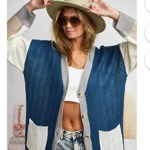 BiBi Blue, Cream, Gray Cardigan Colorblock Button Front Pockets Sz XXXL